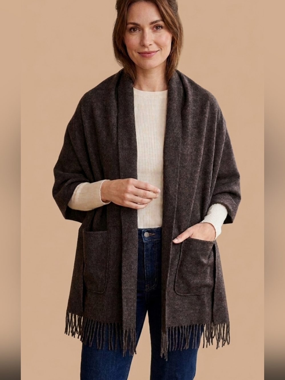 Ann Taylor 100% Wool Chocolate Brown Fringe Trim Wrap Shawl Scarf Pockets Italy!